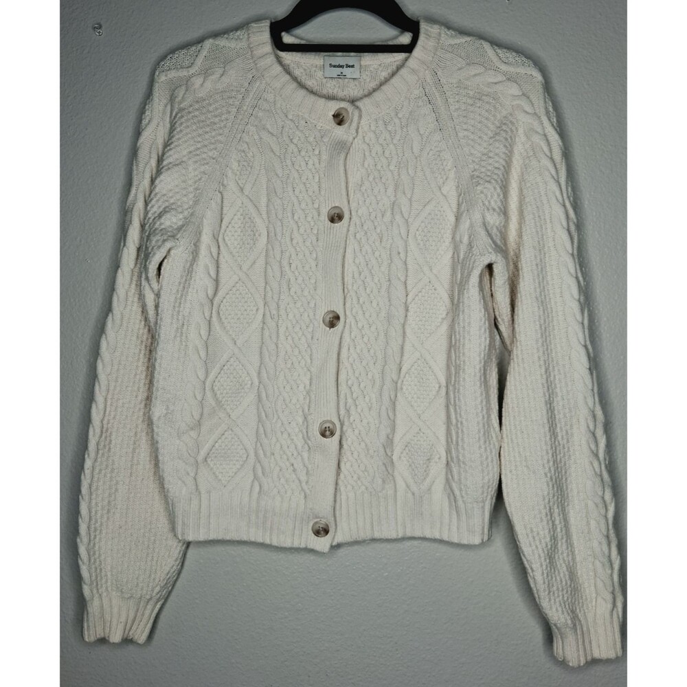 Aritzia Sunday Best Cream Cable Knit Button Front Cardigan Merino Wool Blend M